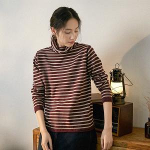 Horizontal Striped Base Shirt High Neck Cotton Sweater