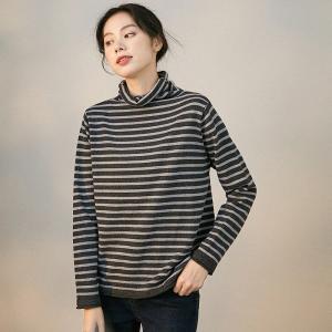 Horizontal Striped Base Shirt High Neck Cotton Sweater