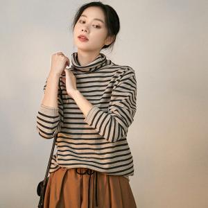 Horizontal Striped Base Shirt High Neck Cotton Sweater