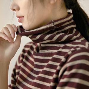 Horizontal Striped Base Shirt High Neck Cotton Sweater