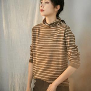 Horizontal Striped Base Shirt High Neck Cotton Sweater