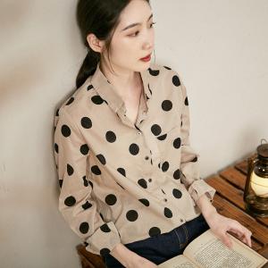 French Chic Polka Dot Shirt Womens Cotton Vintage Blouse