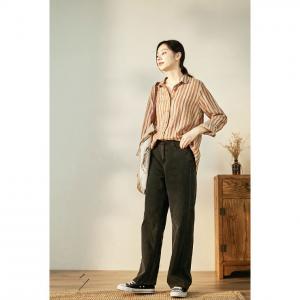 Leisure Style Vertical Striped Blouse Loose Linen Korean Blouse