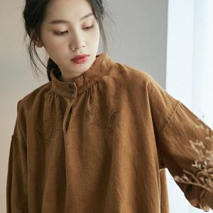 Loose-Fitting Embroidered Shirt Cotton Linen Comfy Blouse