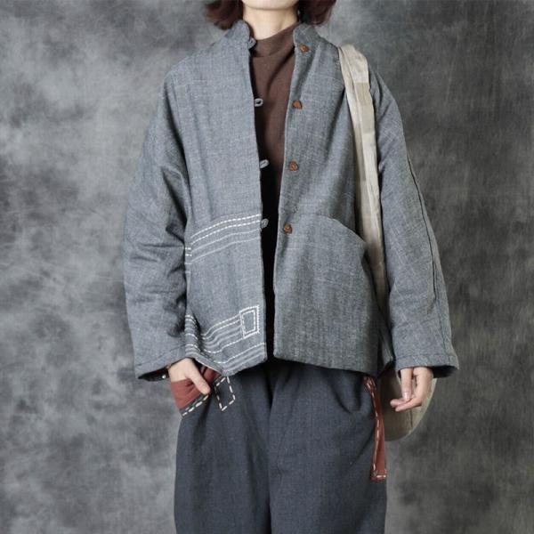 Over50 Style Linen Buddhist Coat Gray Embroidered Padded Coat