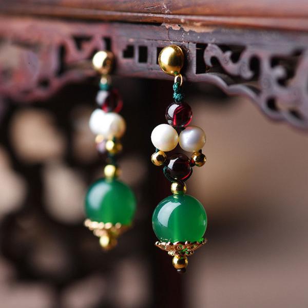 Chinese Style Pearl and Agate Ethnic Earrings