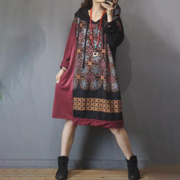 Folk Printed Hooded Sweatshirt Dress Cotton Long Sleeve Short Dress