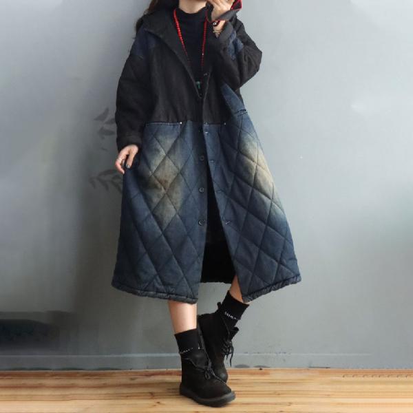 Blue and Black Hooded Denim Coat Plus Size Light Wash Jean Coat