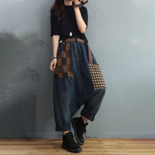 Gingham Pockets Quilted Harem Pants Winter Cuffed Jeans