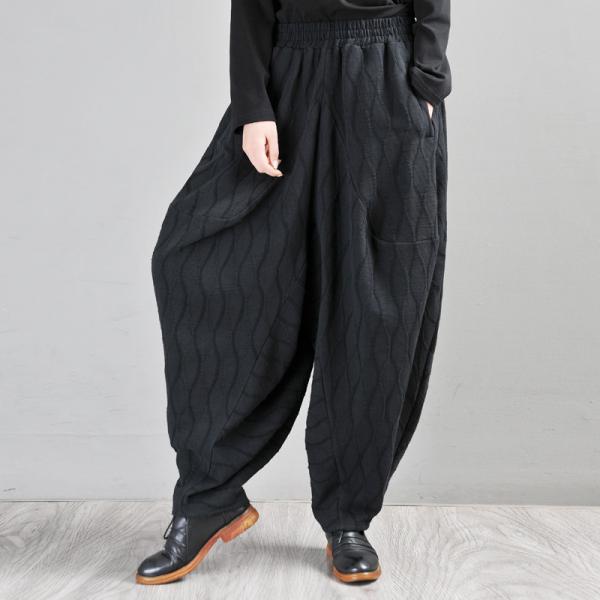 Cotton Linen Jacquard Genie Pants Womens Black Low Crotch Pants