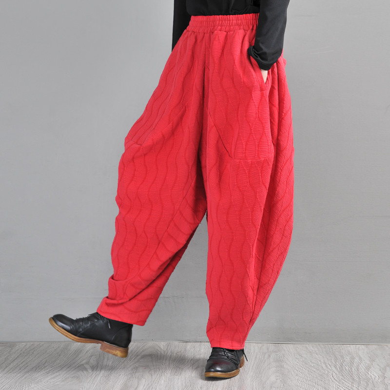 Jacquard Red Carrot Pants Cotton Linen Loose Elephant Pants in Red ...