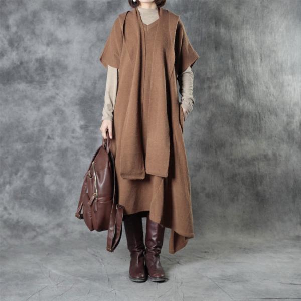 Asymmetrical Camel Sweater Dress Short Sleeve Knit Dress with Shawl
