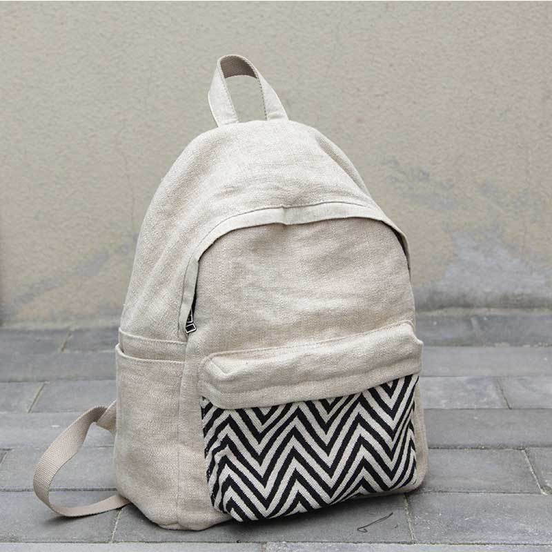 Wave Printed Cotton Linen Backpacks Preppy Style Beige Backpack in ...