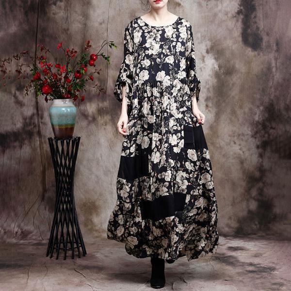 Loose-Fitting White Flowers Vintage Maxi Dress Church Modest Clothing