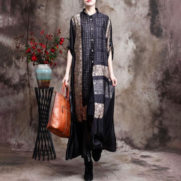 Chinese Characters Printed Black Long Shirt / Cardigan