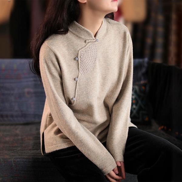 Mandarin Collar Chinese Sweater Beading  Embroidered Tops