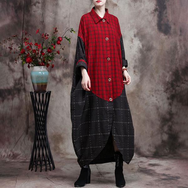 Red Plaid Balloon Dress Plus Size Cotton Linen Midi Outerwear