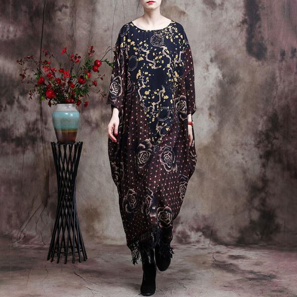 Rose Patterns Elegant Islamic Kaftan Plus Size Fringe Dress