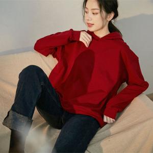 Korean Style Scarlet Hooded Sweatshirt Cotton Pullover Hoodie
