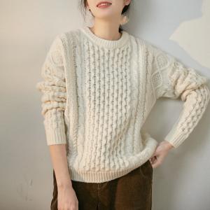 Beige Chunky Cable Knit Sweater Merino Wool Cozy Oversized Sweater