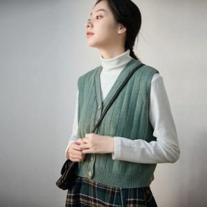 V-Neck Mulberry Silk Knit Vest Cashmere Blend Short Waistcoat