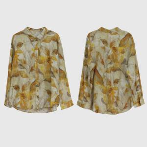 Yellow Leaf Pattern Linen Shirt Womens Printed Loose Blouse
