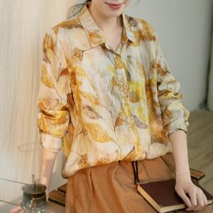 Yellow Leaf Pattern Linen Shirt Womens Printed Loose Blouse