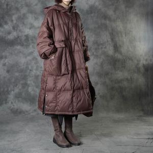 Big Pockets Plus Size Down Coat Womens Brown Hooded Puffer Coat