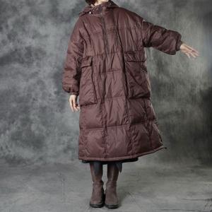 Big Pockets Plus Size Down Coat Womens Brown Hooded Puffer Coat