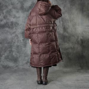Big Pockets Plus Size Down Coat Womens Brown Hooded Puffer Coat