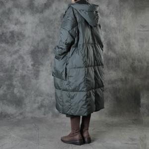 Front Zip Big Pockets Down Coat Dark Green Hoodie Padded Coat