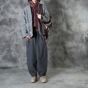 Over50 Style Linen Buddhist Coat Gray Embroidered Padded Coat