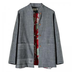 Over50 Style Linen Buddhist Coat Gray Embroidered Padded Coat