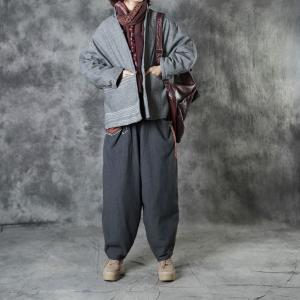 Over50 Style Linen Buddhist Coat Gray Embroidered Padded Coat