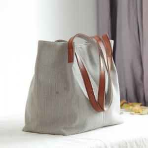 Preppy Style Cotton Linen / Tweed Plaid Tote Bag