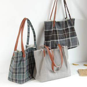 Preppy Style Cotton Linen / Tweed Plaid Tote Bag