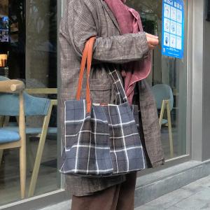 Preppy Style Cotton Linen / Tweed Plaid Tote Bag