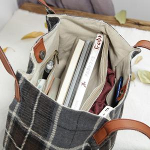 Preppy Style Cotton Linen / Tweed Plaid Tote Bag