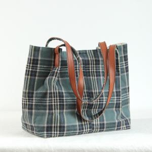 Preppy Style Cotton Linen / Tweed Plaid Tote Bag