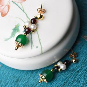 Chinese Style Pearl and Agate Ethnic Earrings