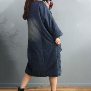 Folk Style Patchwork Stonewash Jean Dress Cotton Padded Midi Dress