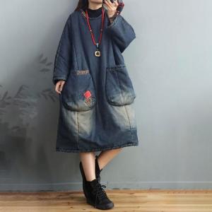 Folk Style Patchwork Stonewash Jean Dress Cotton Padded Midi Dress