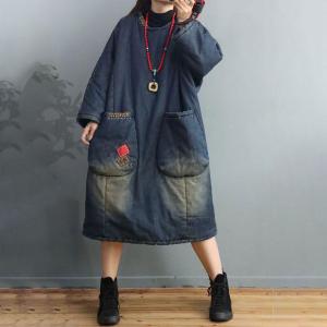 Folk Style Patchwork Stonewash Jean Dress Cotton Padded Midi Dress