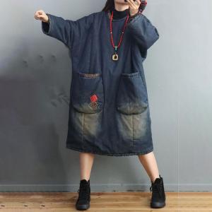 Folk Style Patchwork Stonewash Jean Dress Cotton Padded Midi Dress