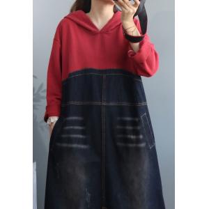 Red Contrast Jean Hooded Dress Plus Size Korean Dress