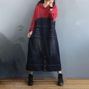 Red Contrast Jean Hooded Dress Plus Size Korean Dress