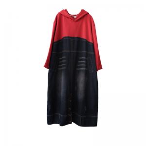 Red Contrast Jean Hooded Dress Plus Size Korean Dress