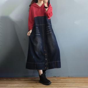 Red Contrast Jean Hooded Dress Plus Size Korean Dress