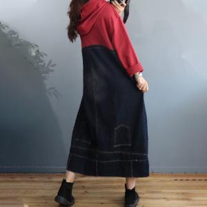 Red Contrast Jean Hooded Dress Plus Size Korean Dress