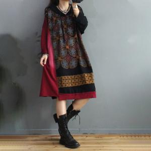 Folk Printed Hooded Sweatshirt Dress Cotton Long Sleeve Short Dress